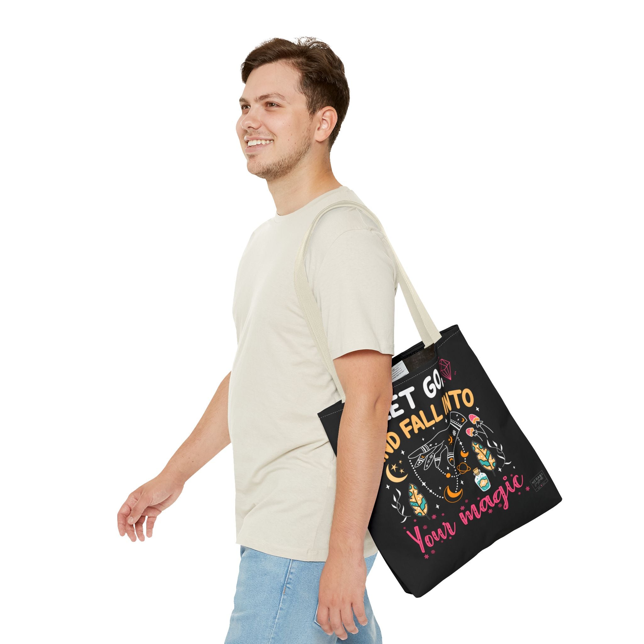 Male model carrying spiritual tote bag beige