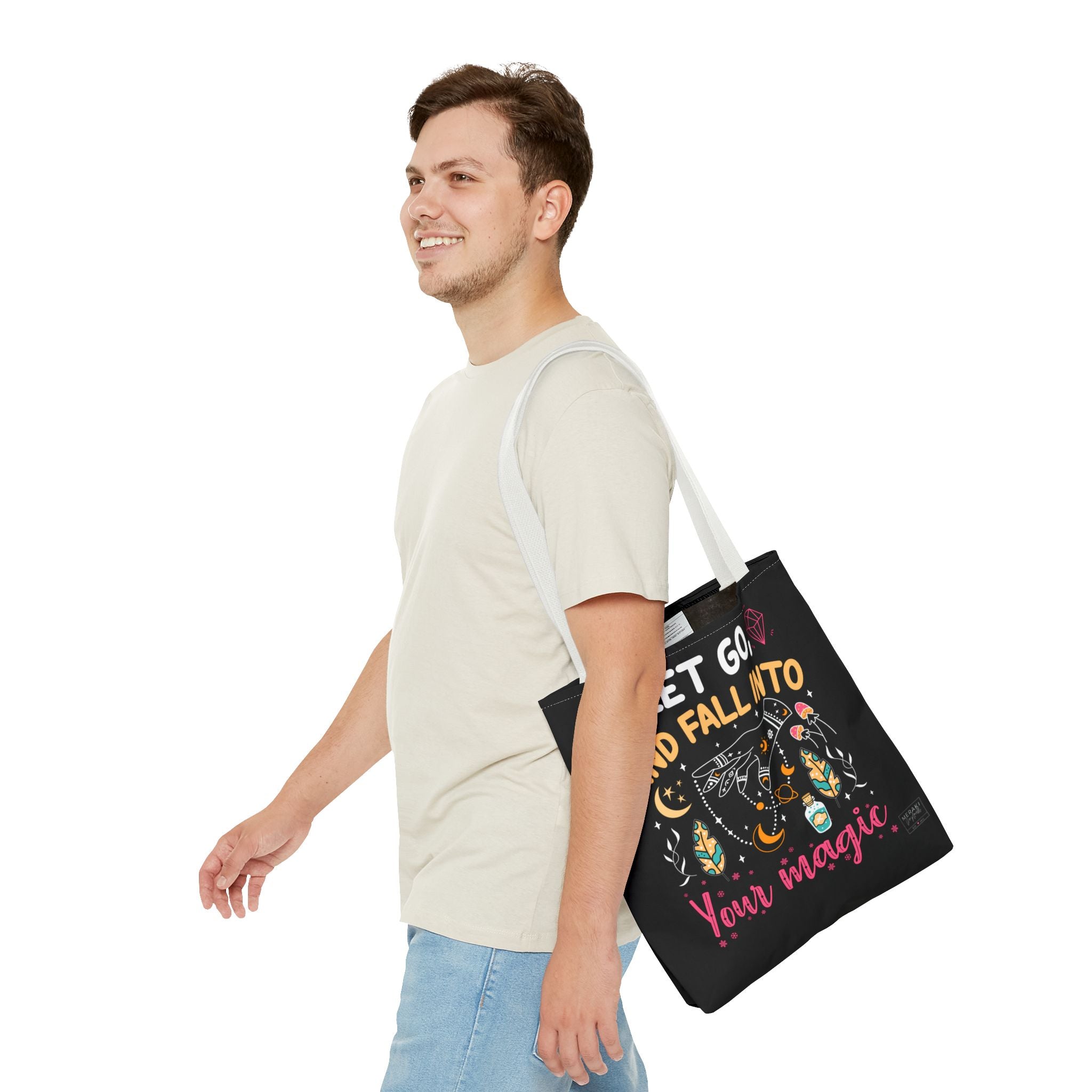 Male model carrying spiritual tote bag white handle