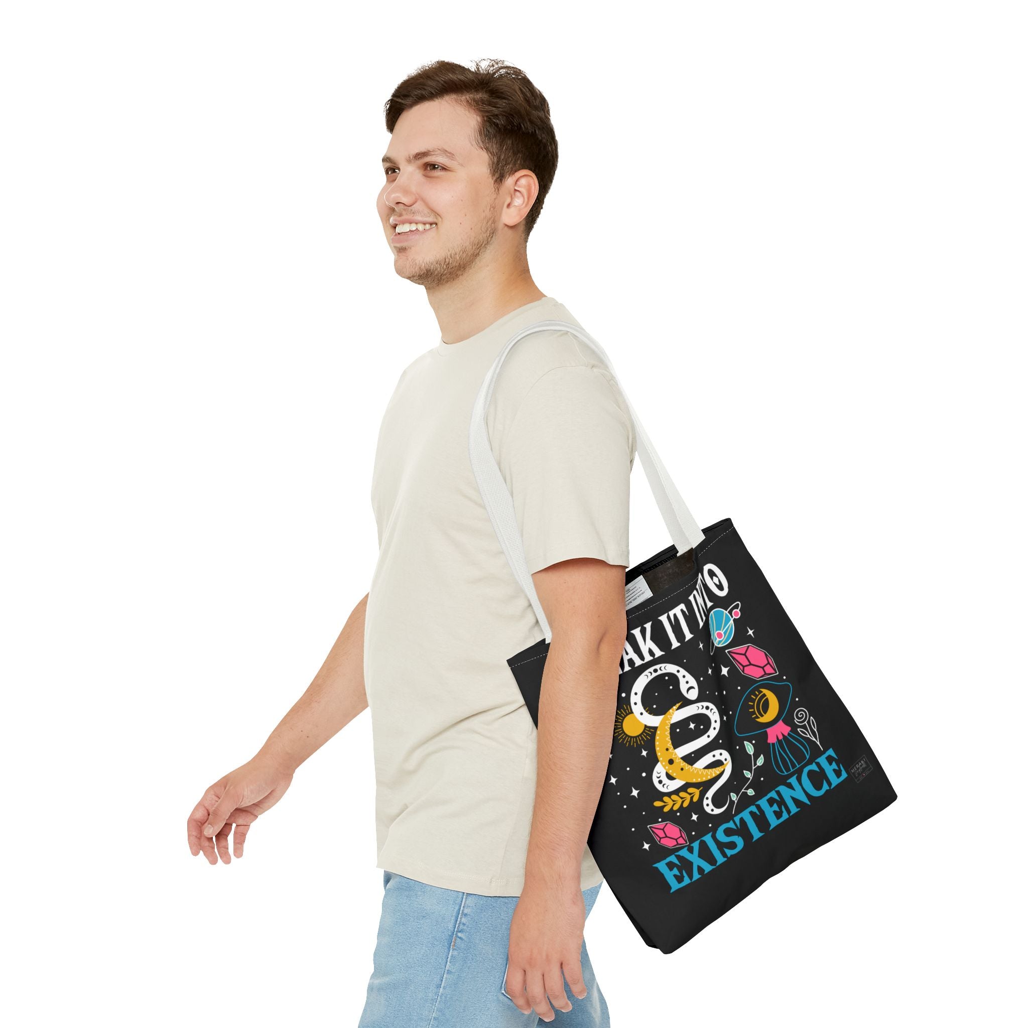 Male model wearing white handle manifestation tote with coffee and journal
