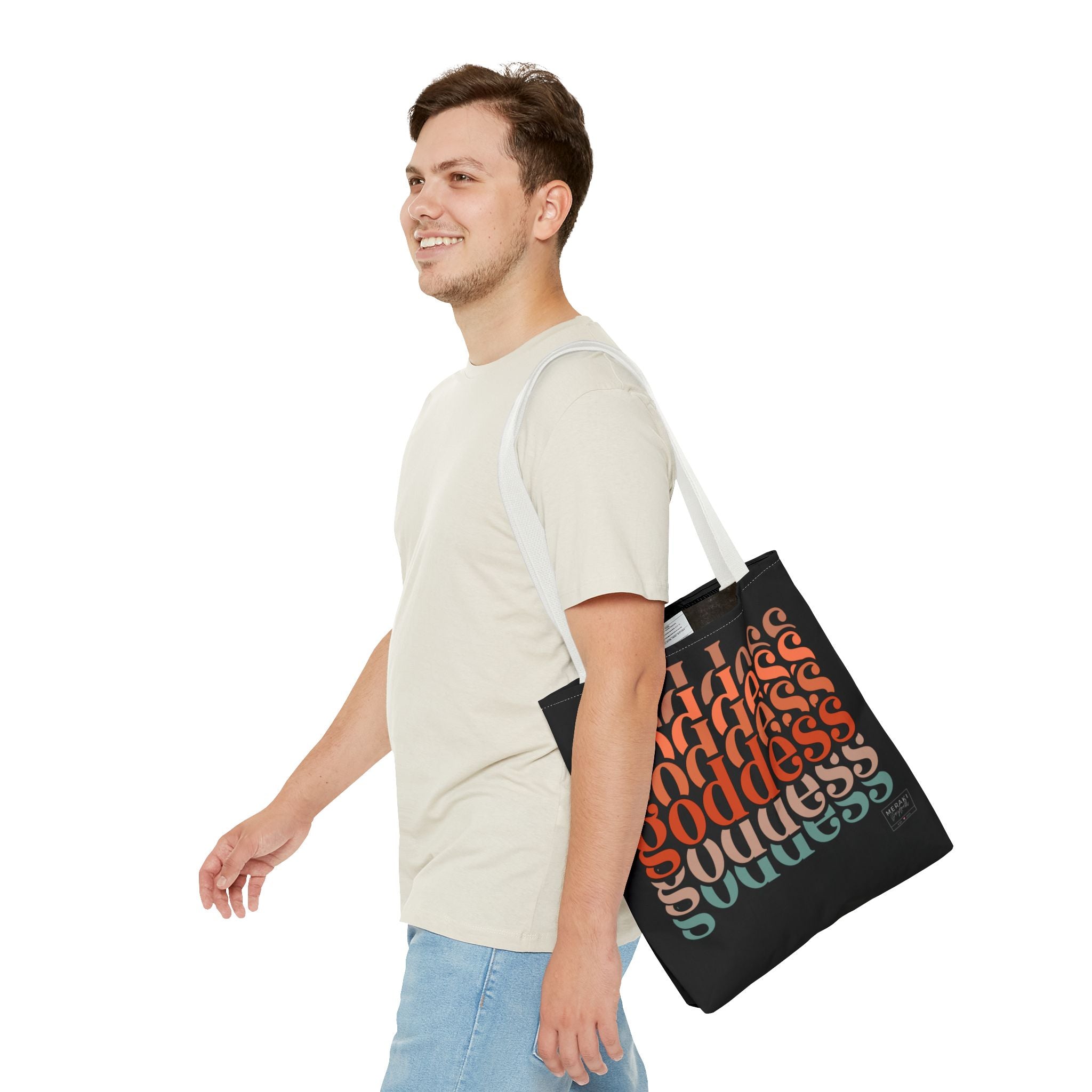 "Man carrying white handle tote with books and herbal tea inside"