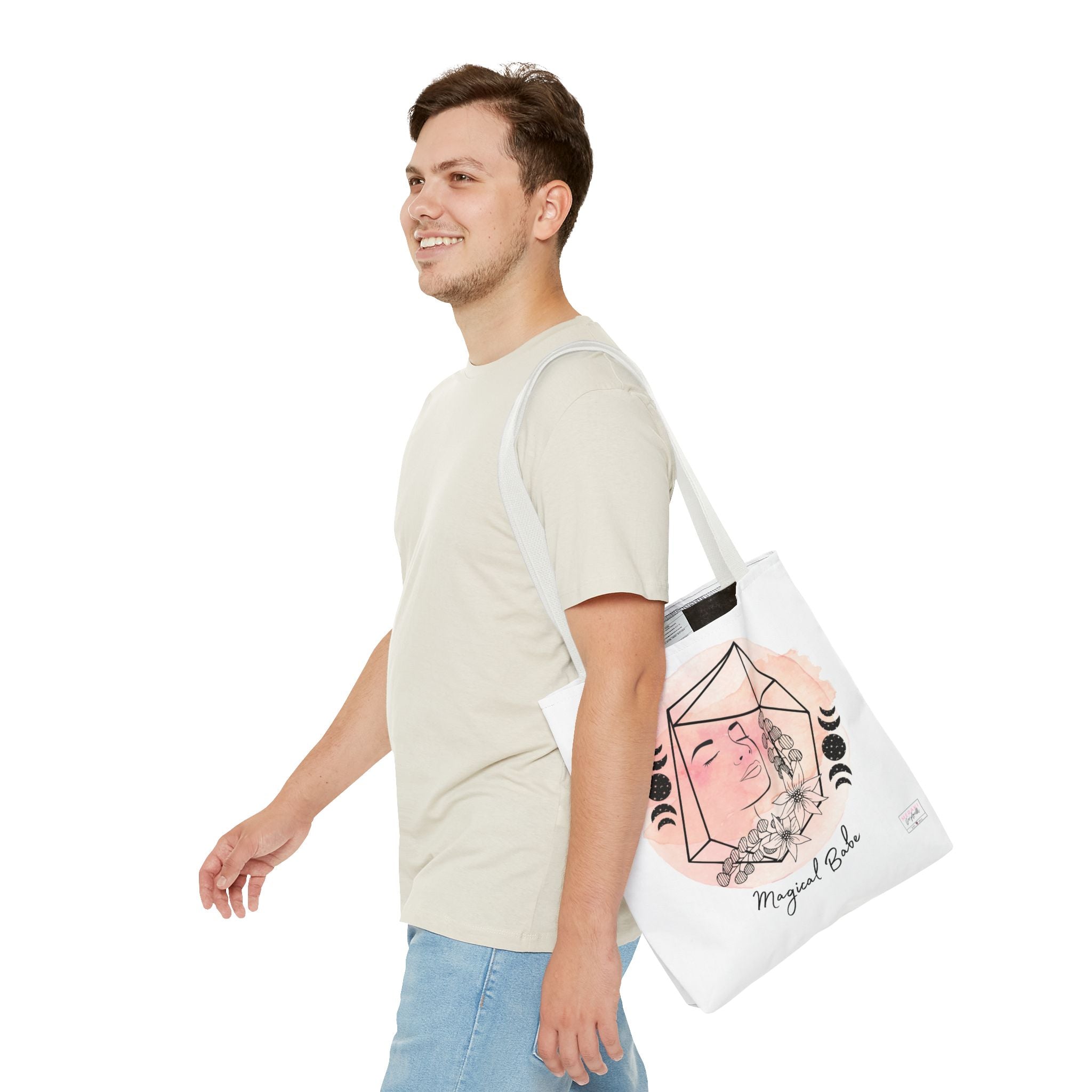 "Man carrying white magical tote with water bottle and planner inside"