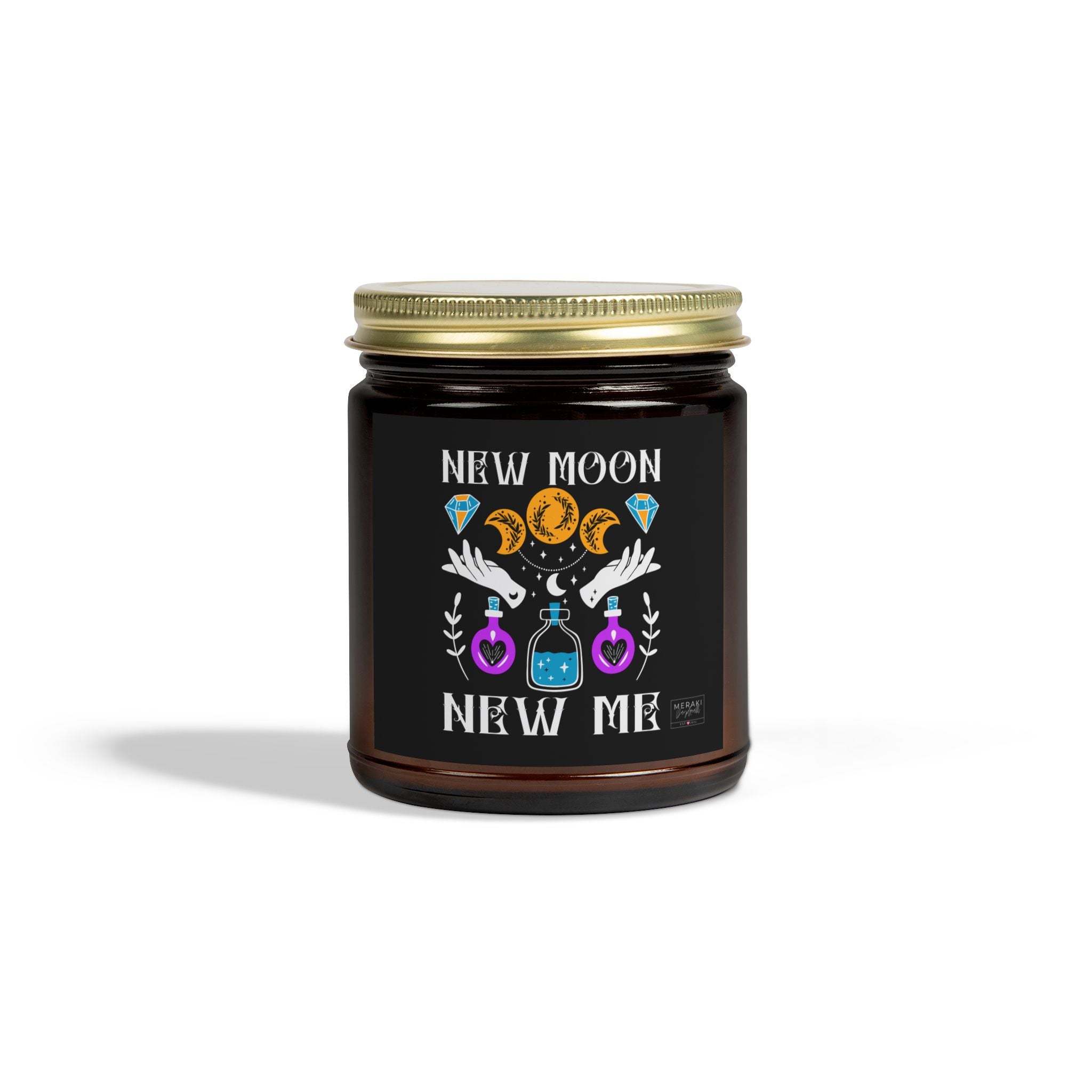 New Moon, New Me candle in amber jar with gold lid