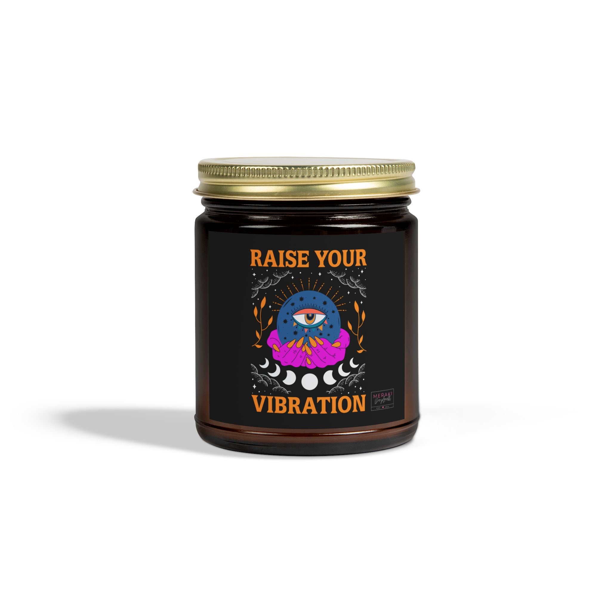 Raise Your Vibration candle in amber jar with gold lid