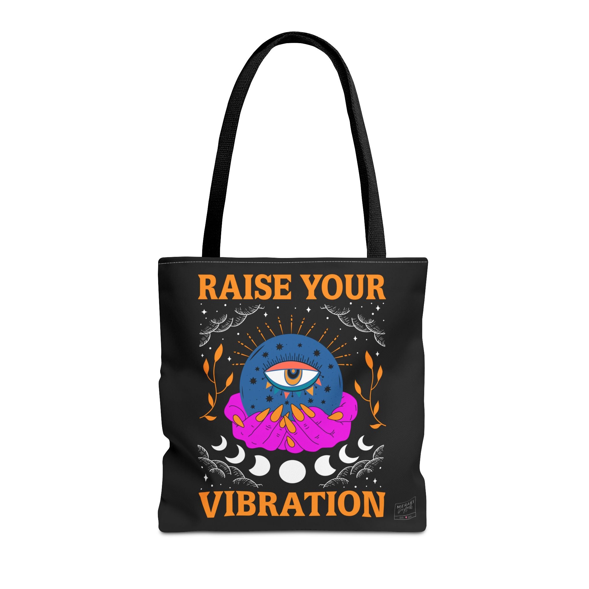 Raise Your Vibration tote bag with black handles