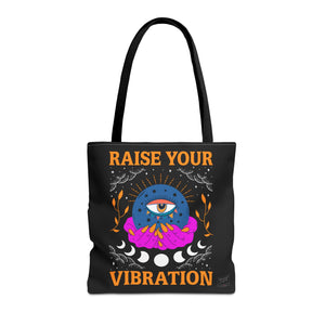 Raise Your Vibration tote bag with black handles