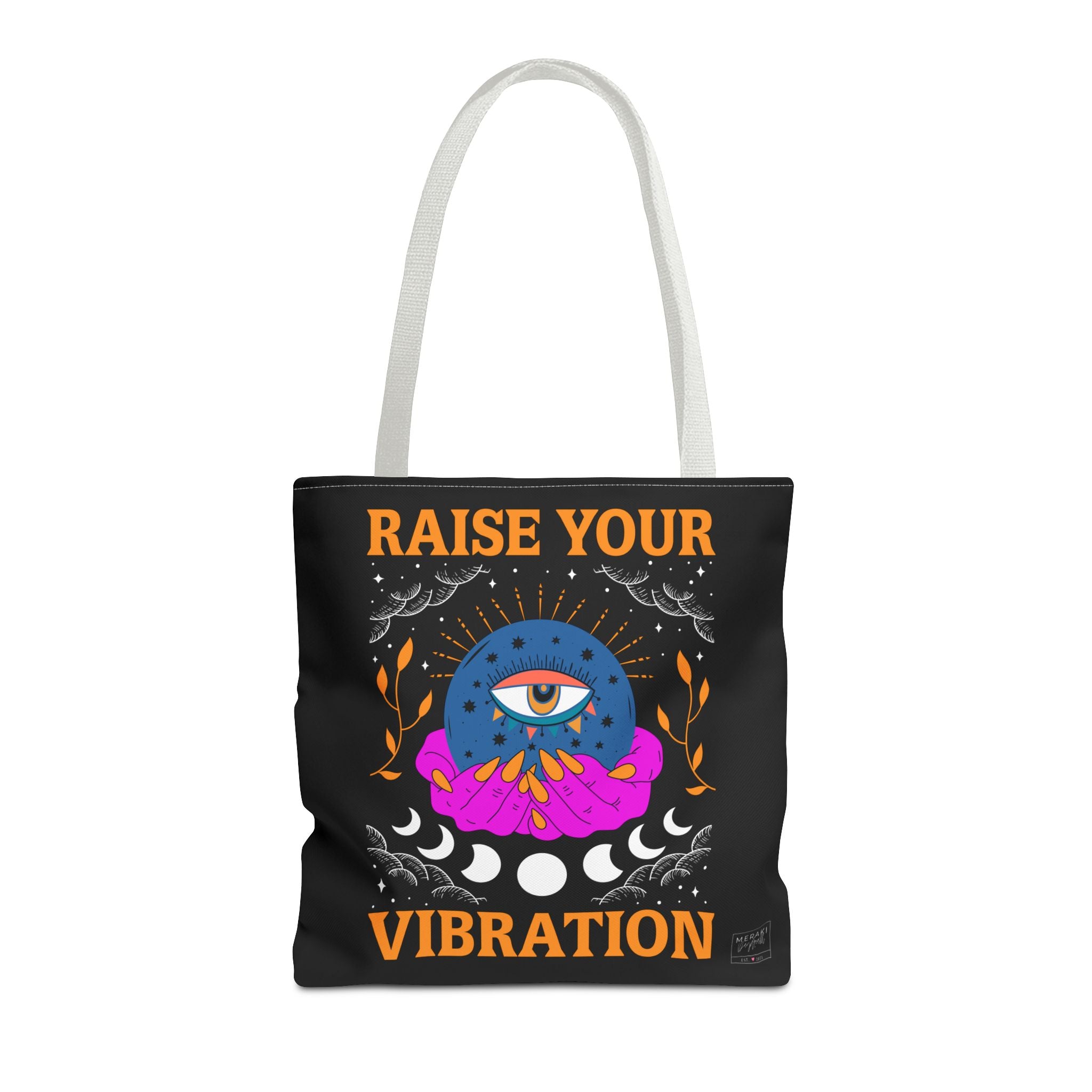 Raise Your Vibration tote bag with white handles