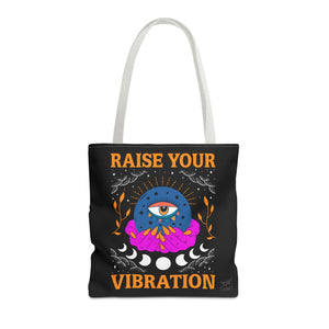Raise Your Vibration tote bag with white handles