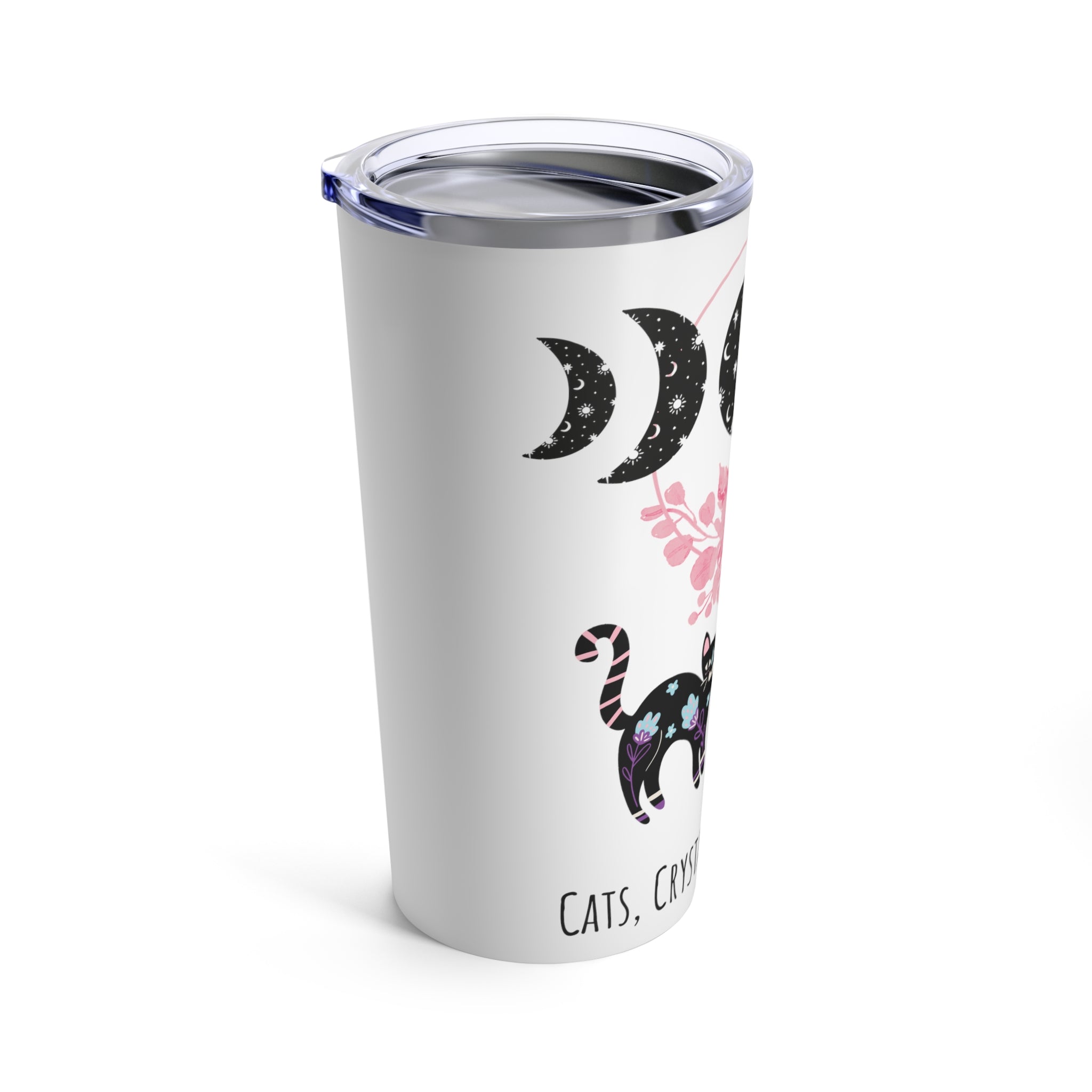 Side angle of insulated tumbler showing push-on lid and printed detail
