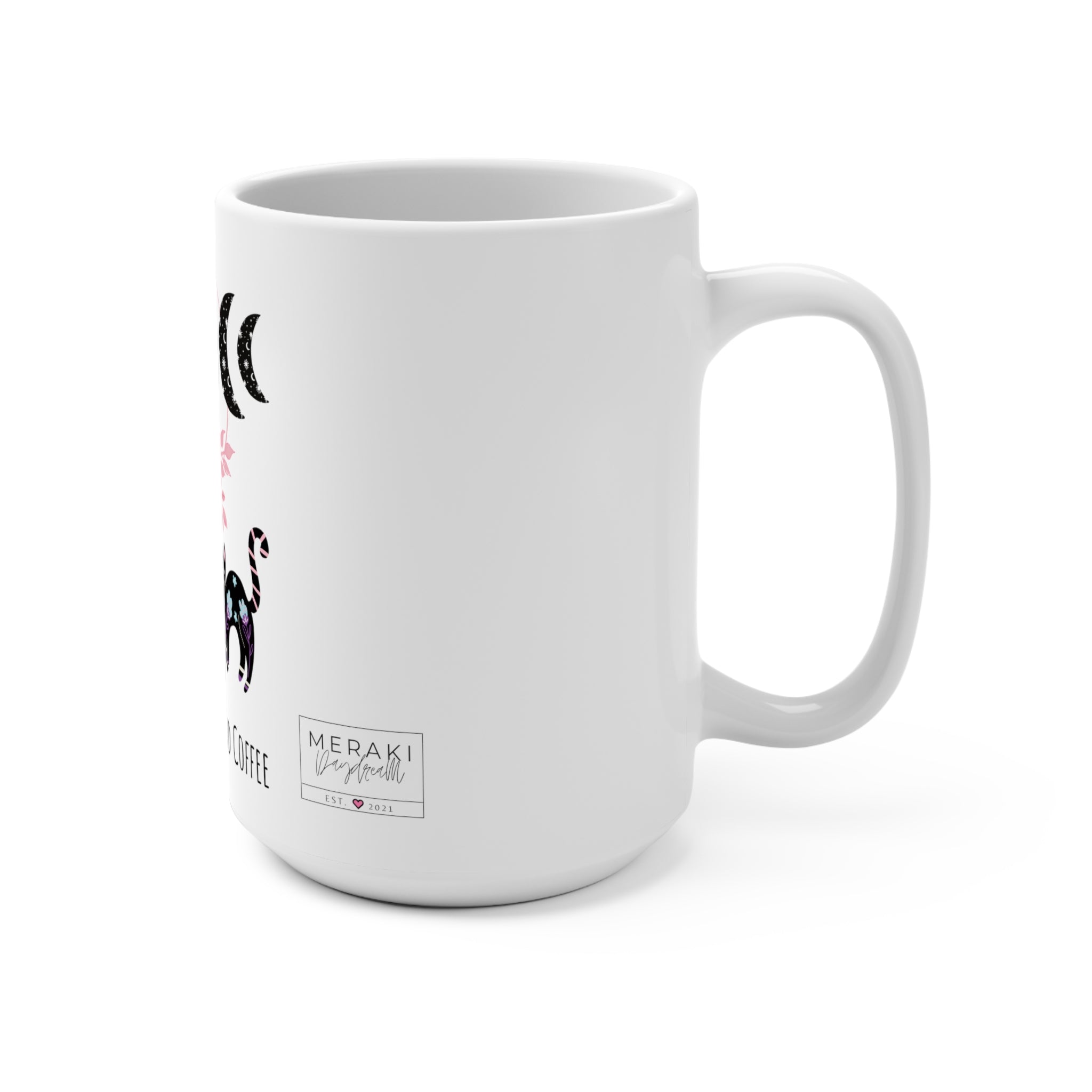 Side view of 15oz ceramic mug with cozy spiritual design and C-handle
