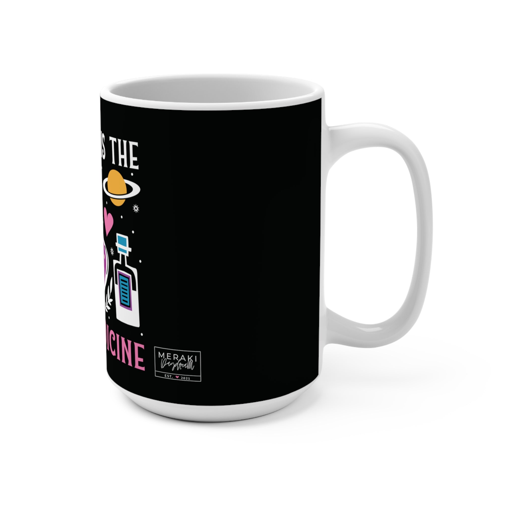 Side view of 15oz ceramic mug with gentle design and C-handle