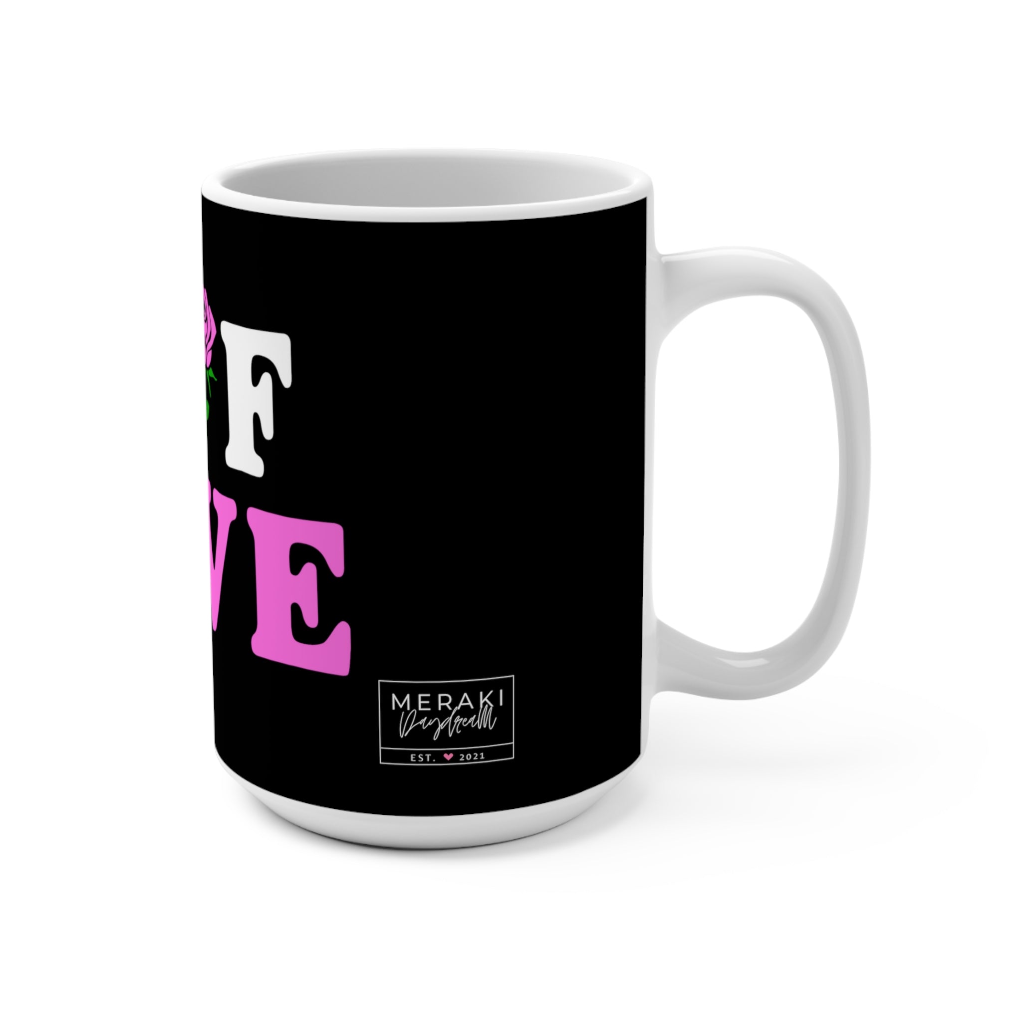 Side view of 15oz mug with gentle design and curved C-handle