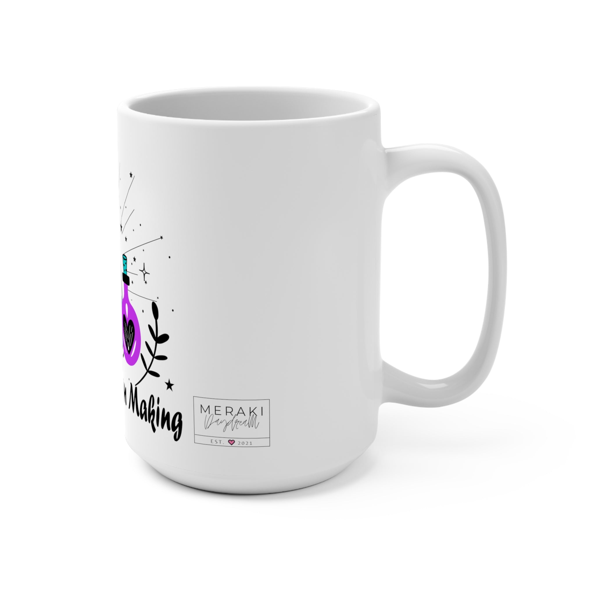 Side view of 15oz witchy mug showing C-handle and magical script