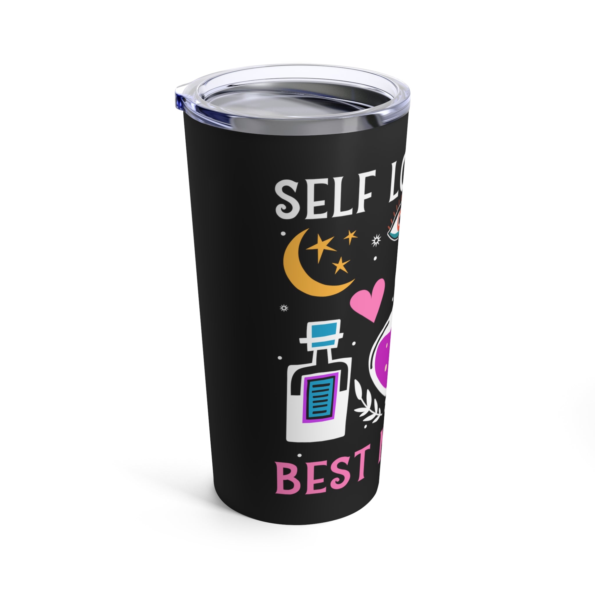 Side view of insulated tumbler with self love message and subtle spiritual aesthetic
