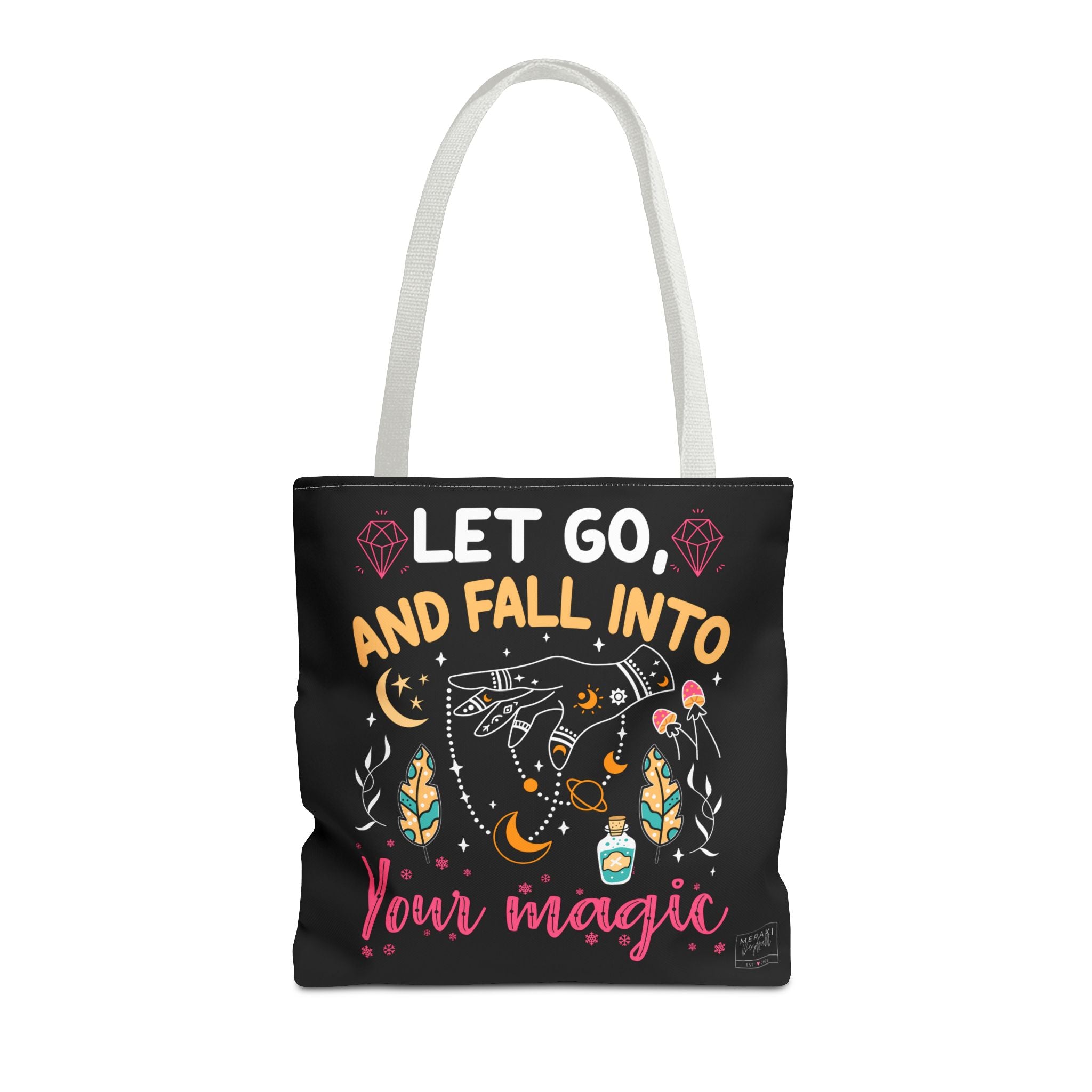 White handle version of Fall Into Your Magic tote bag