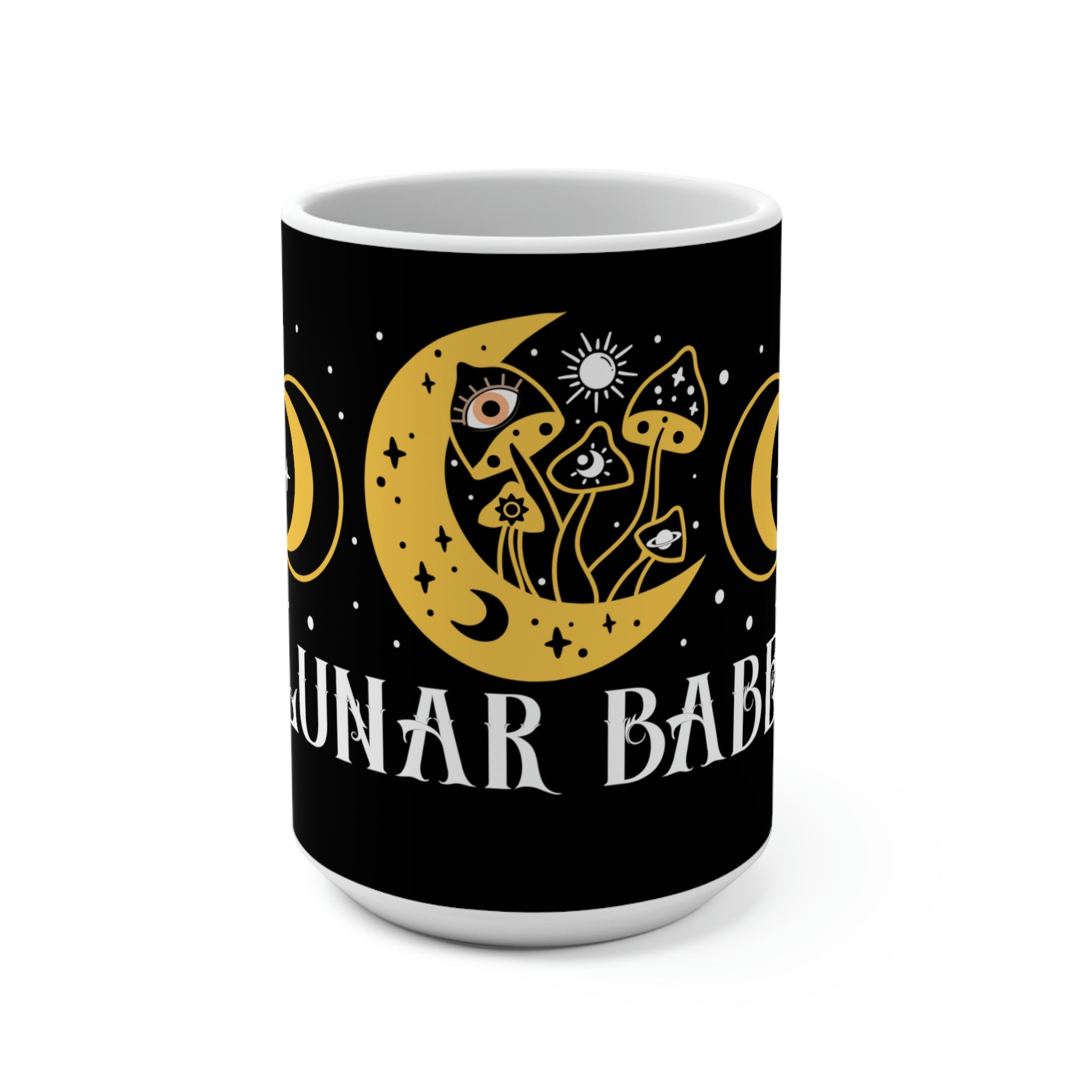 Front of Lunar Babe mug with moon design on glossy white ceramic