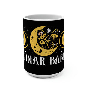 Front of Lunar Babe mug with moon design on glossy white ceramic