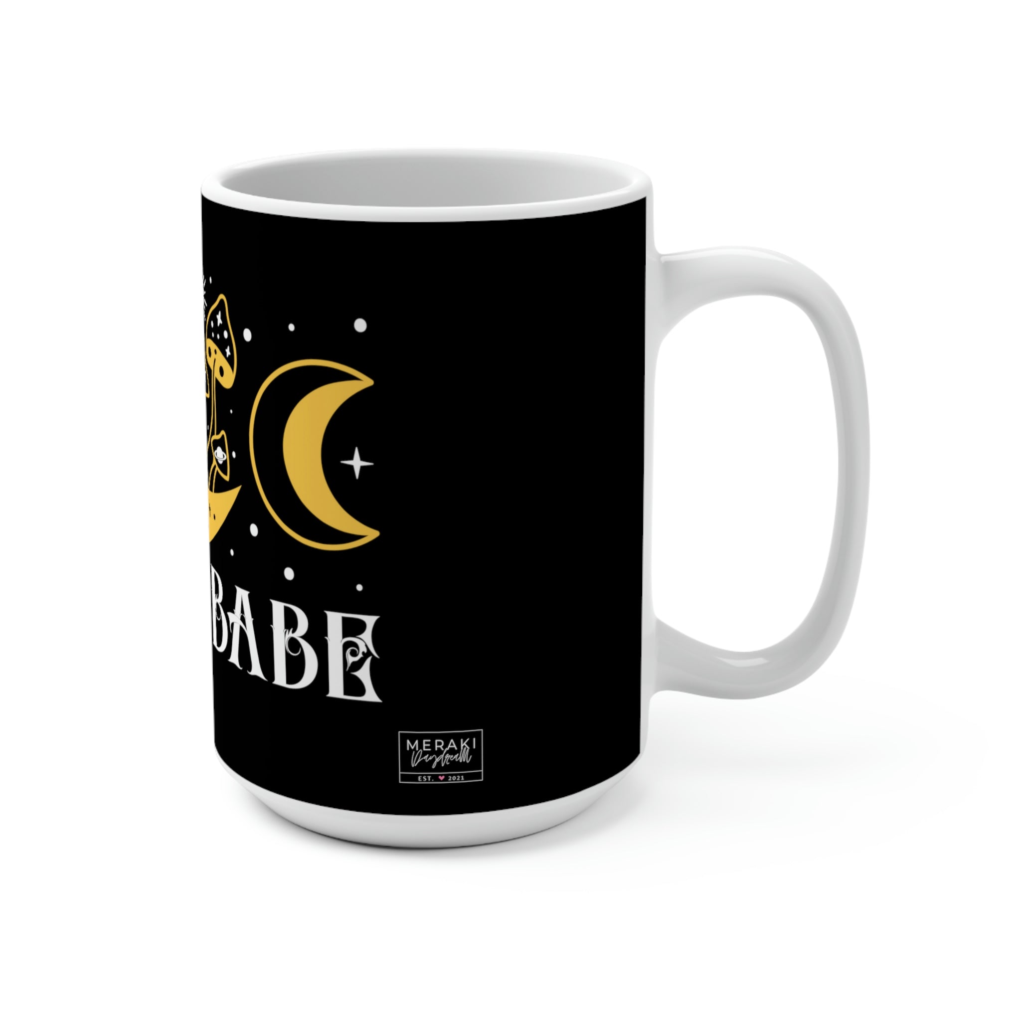 Side view of 15oz moon mug showing C-handle and spiritual script