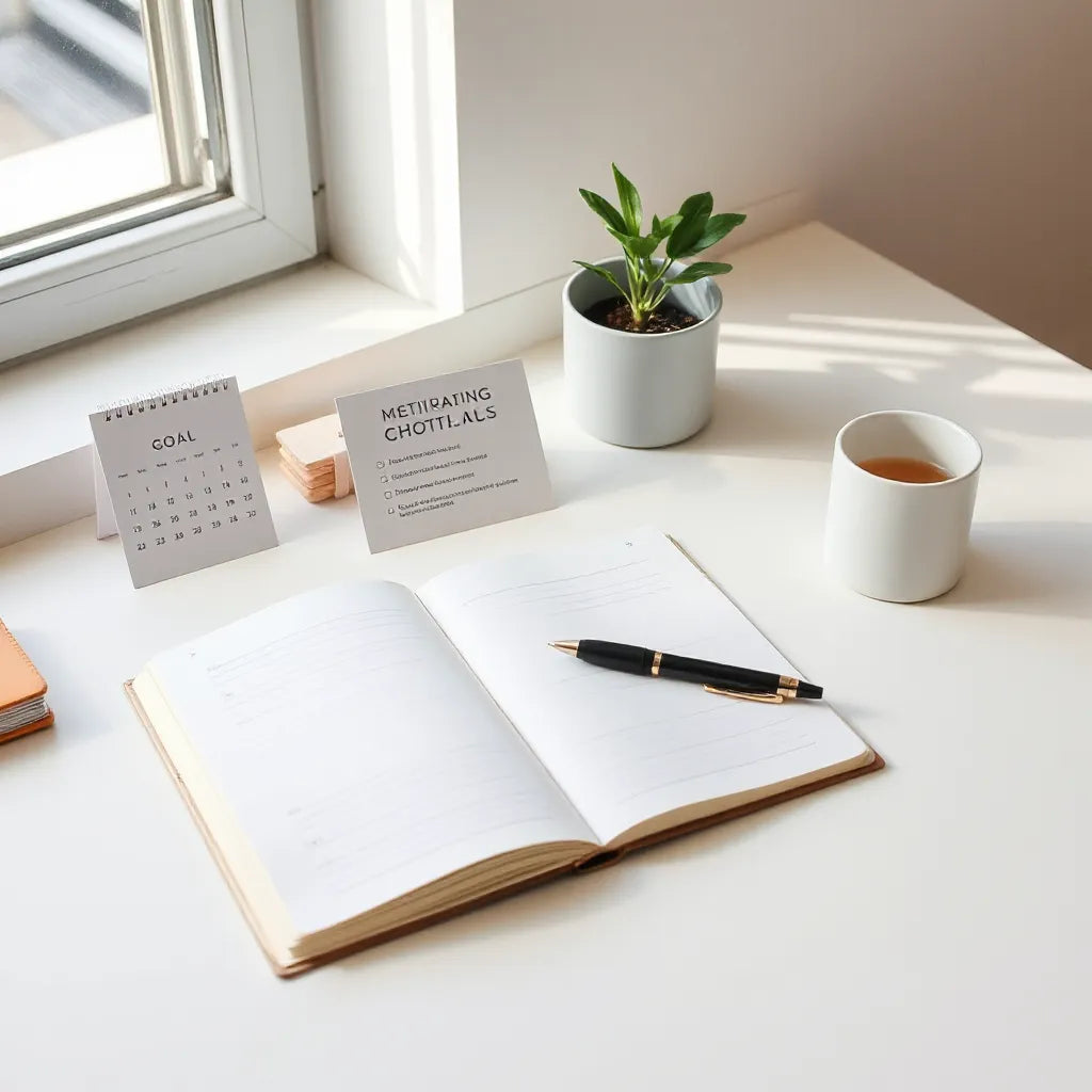 Minimal desk with an open notebook, journal, planner, and pen under soft natural light