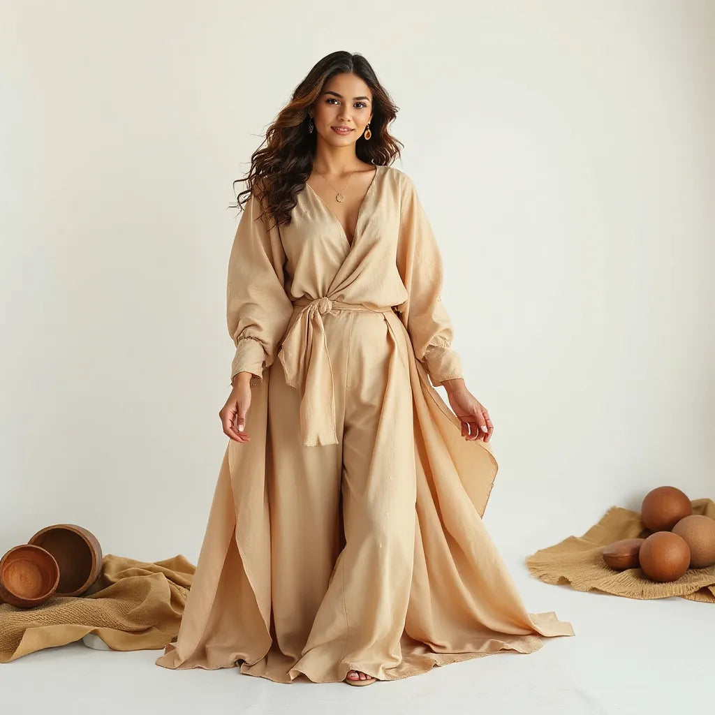 Confident model wearing goddess-inspired empowerment apparel with subtle celestial accents in warm, elegant tones