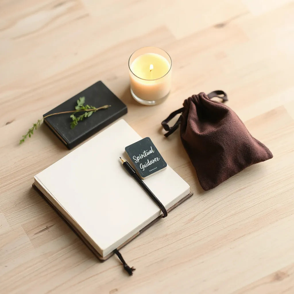 A journal, card deck, and candle on a neat wooden table with soft warm light