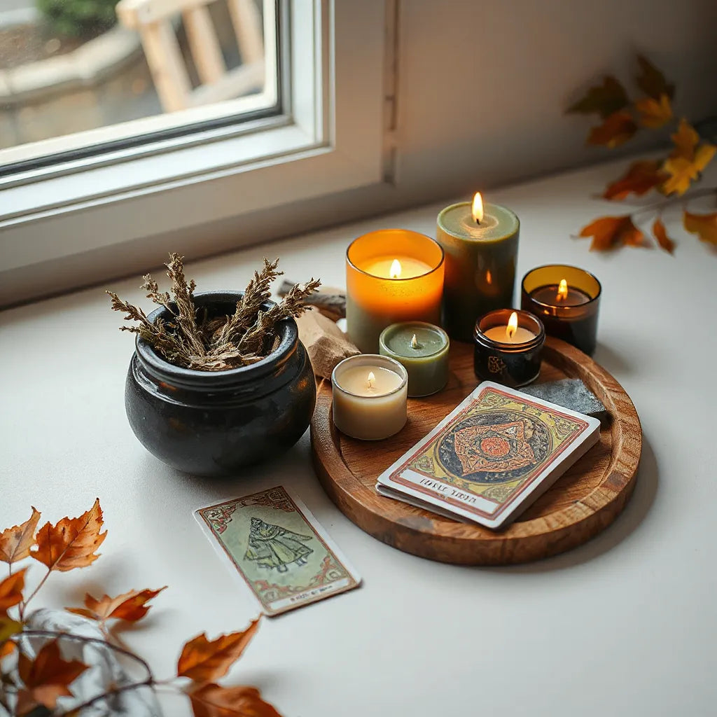 Autumn witch-inspired flat lay with herbs, candles, tarot cards, and a small cauldron bowl