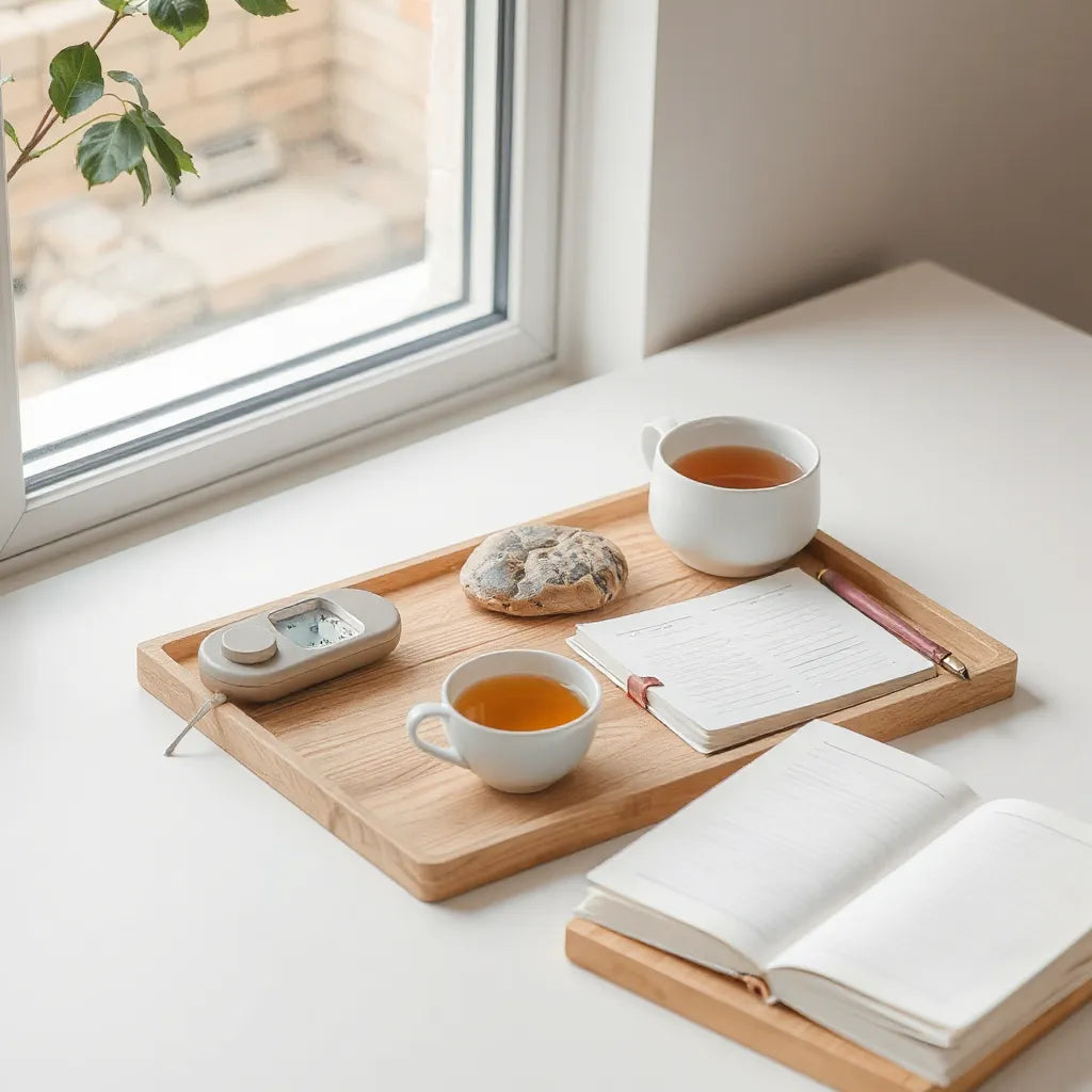 Neatly arranged mindful living tools on a wooden tray with journal and herbal tea in soft morning light
