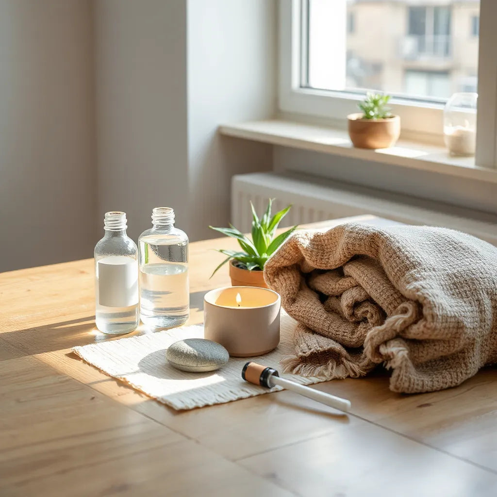 Curated natural self-care items on a sunlit table with soft neutrals and a small plant