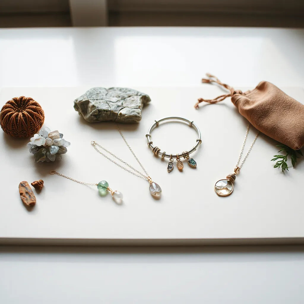 Assorted mystical accessories like crystal cluster, pendant necklace, and gemstone bracelet on a simple tabletop