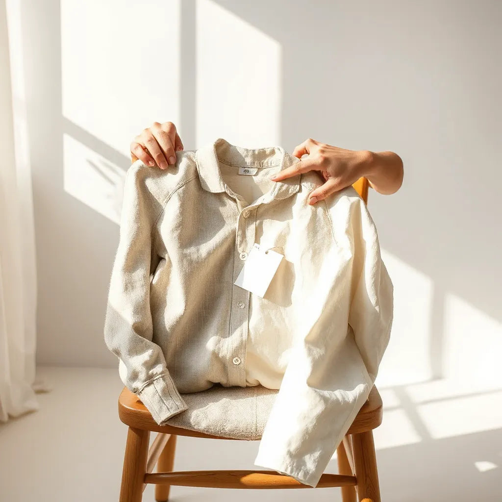 Person holding folded natural-fabric clothing in a bright, minimalist room