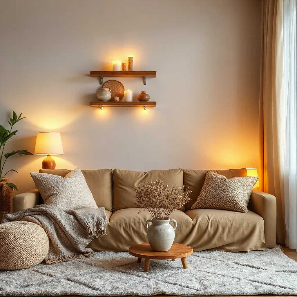 Cozy living room styled with warm lighting, textured decor, and a vase of dried flowers