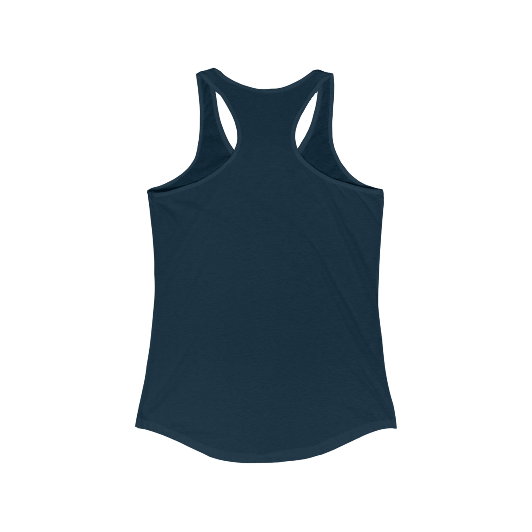 Back of navy racerback tank showing shoulder cut and breathable fabric