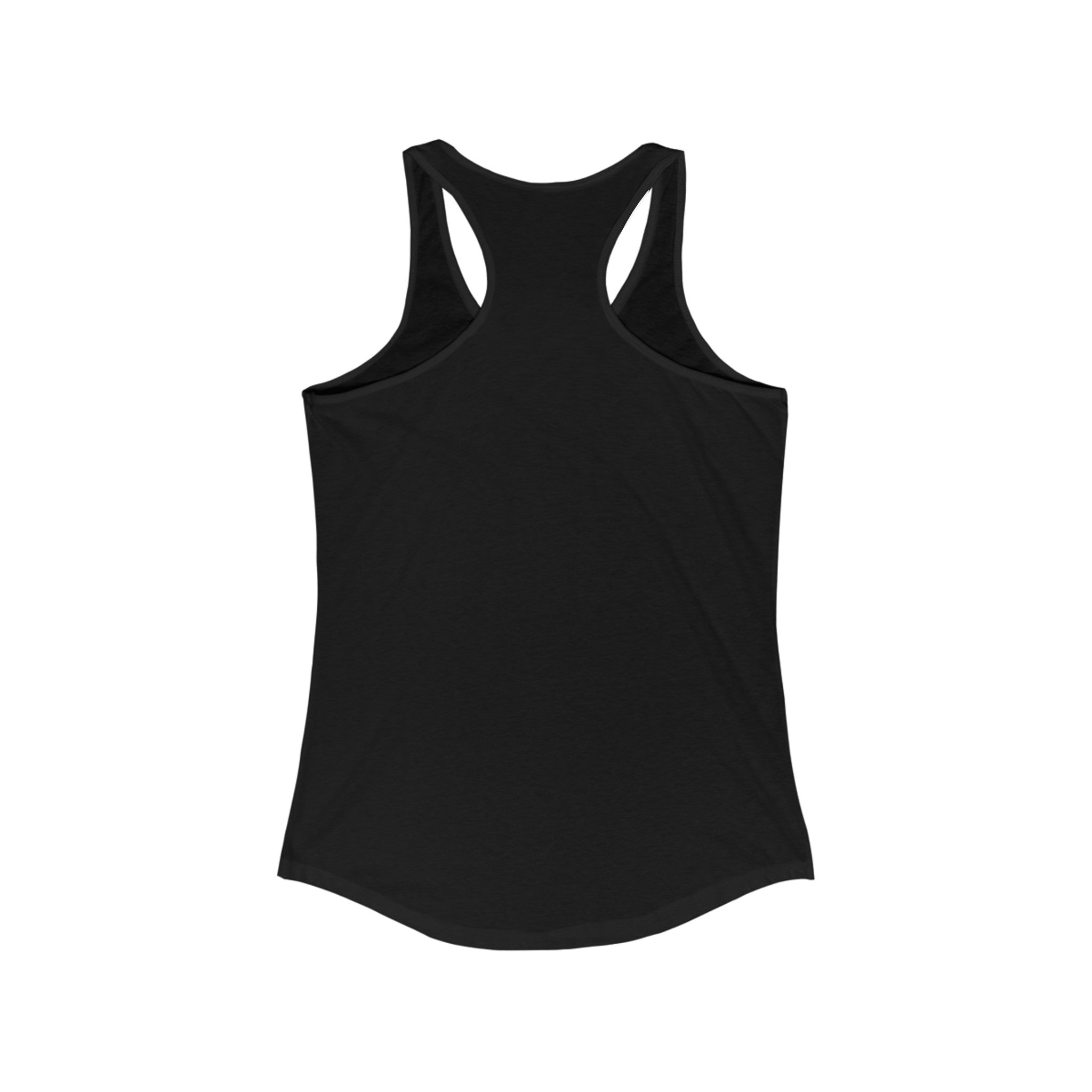 "Back view of black racerback tank showing clean shoulder cut and stitching"
