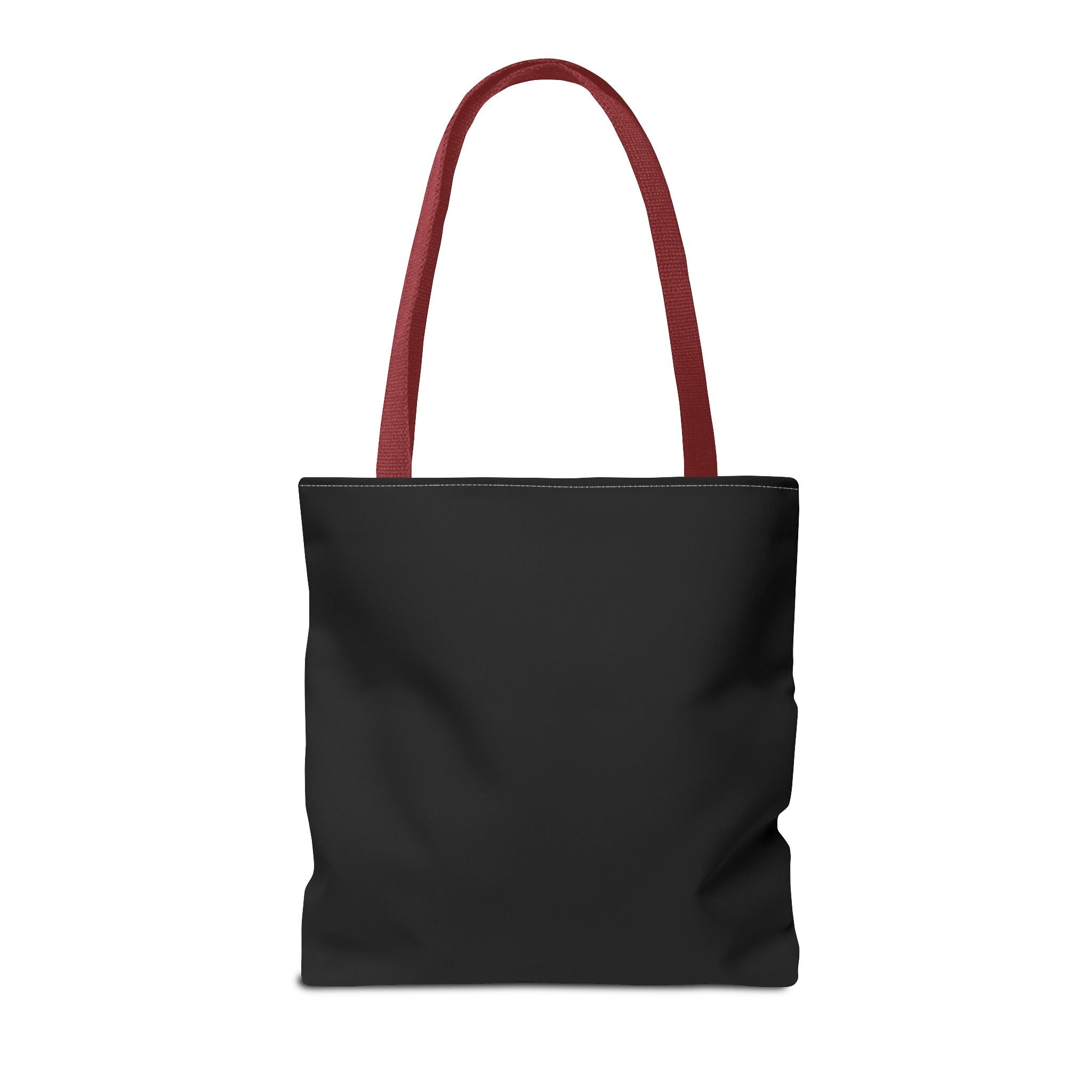 Back view of red handle tote showing minimalist stitching and structure