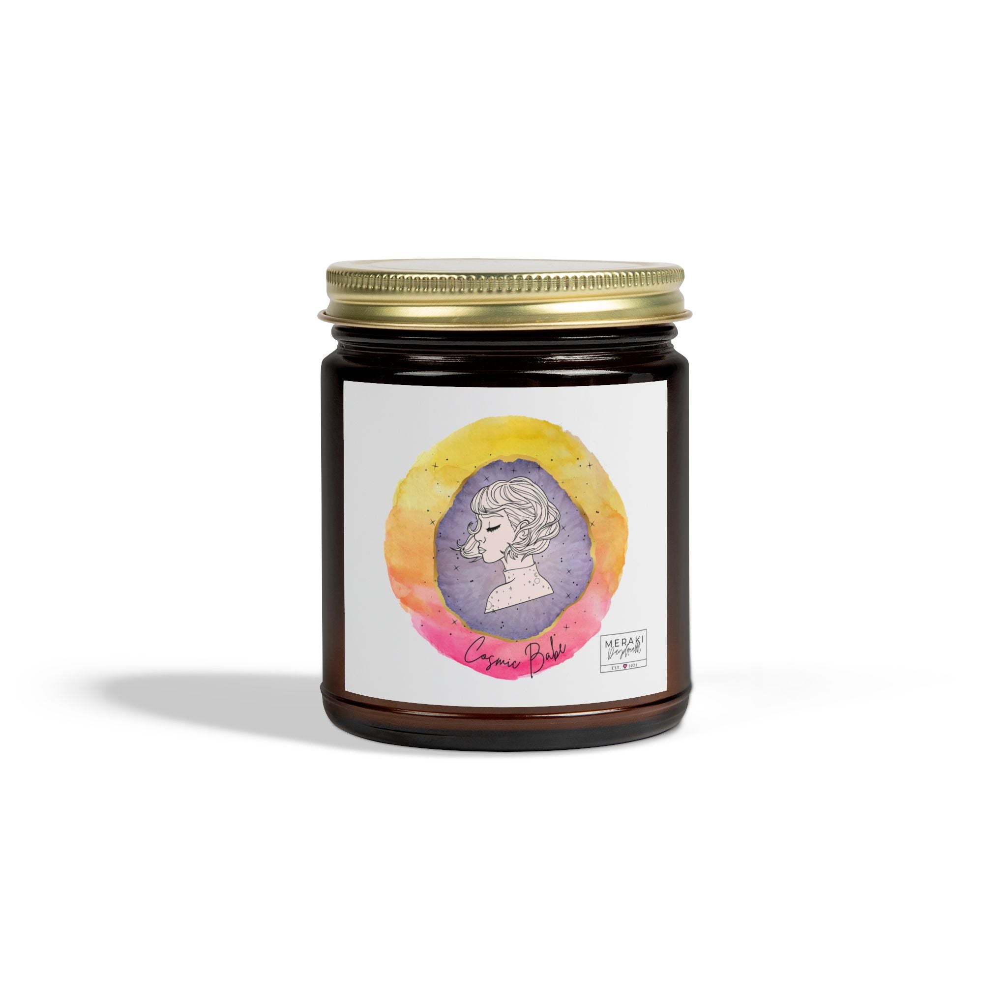 Cosmic Babe candle in amber glass jar with gold lid