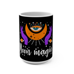 Front of Moon Magic mug with moon phase design and glossy white ceramic finish
