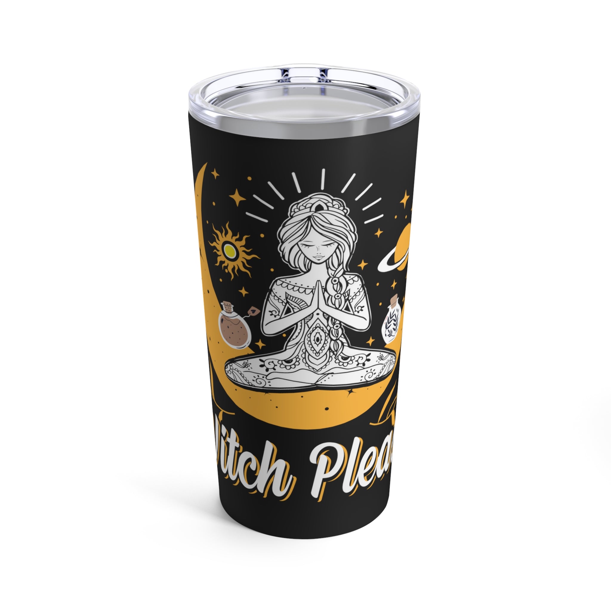 Front of Witch Please tumbler with bold witchy design on glossy wrap