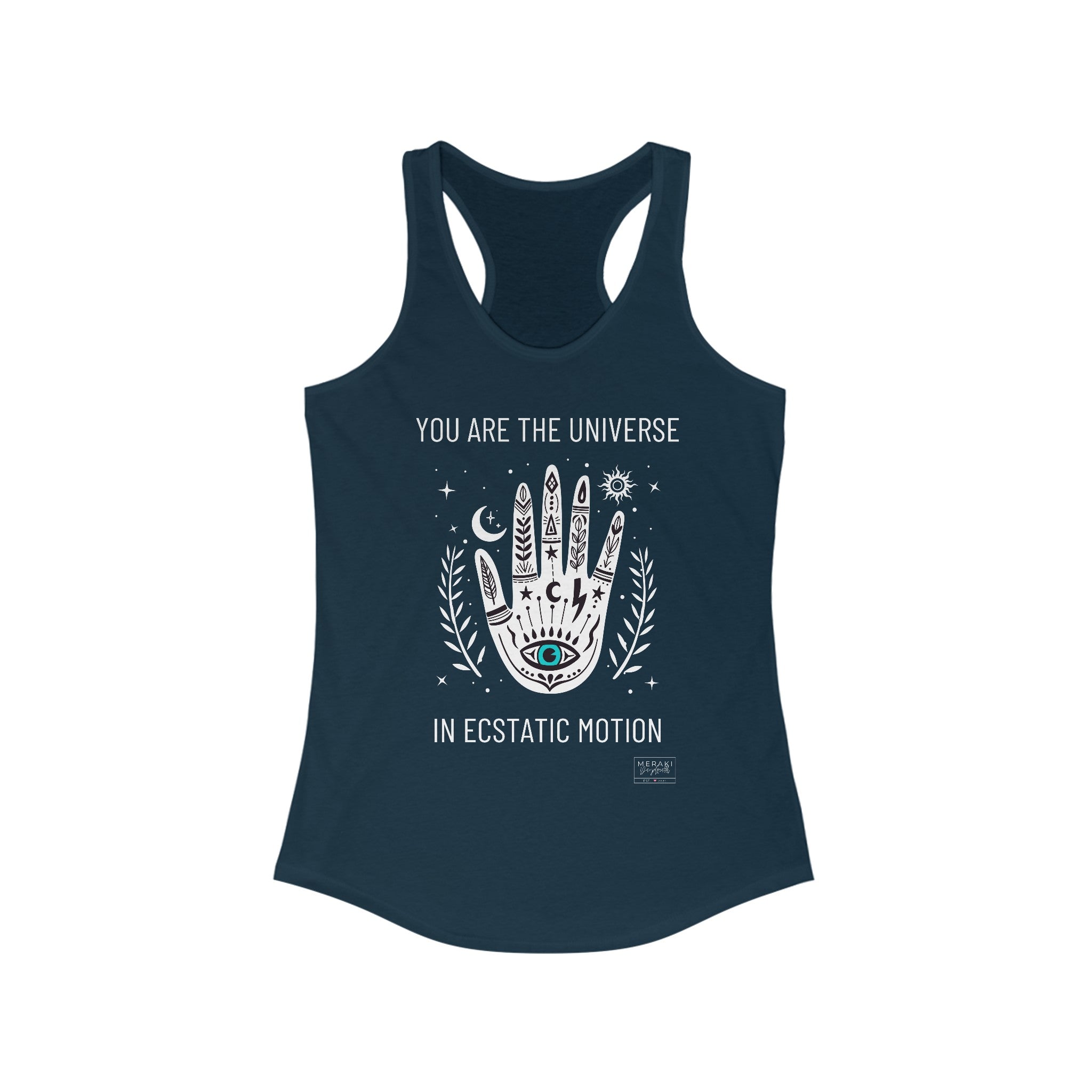 "Front of You Are The Universe navy tank top with spiritual affirmation design"
