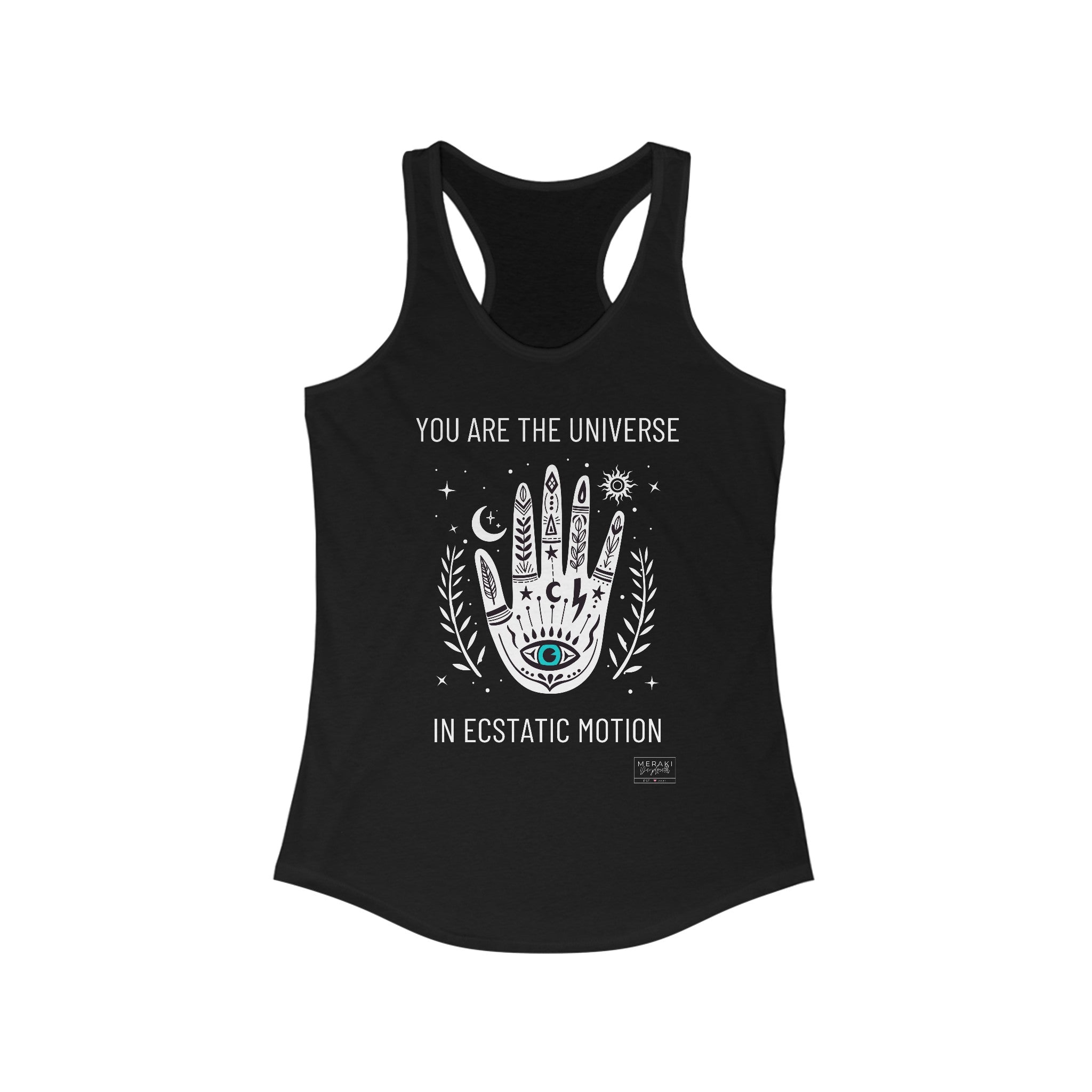 "Front of You Are The Universe tank top with spiritual affirmation design"

