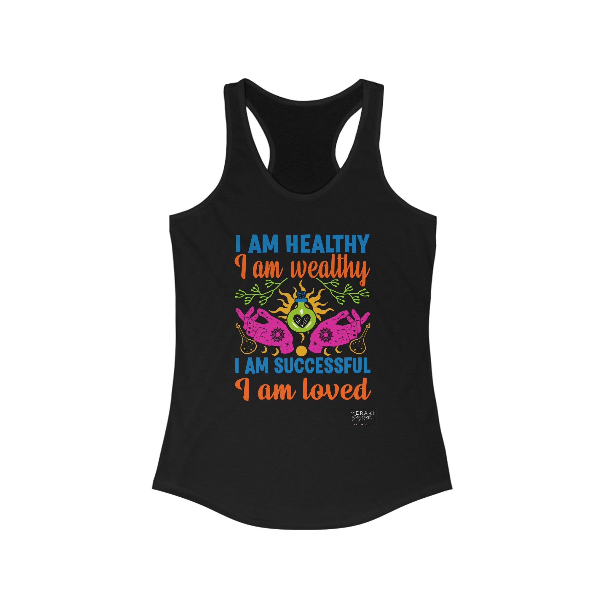 Front of black I Am Affirmations tank top with spiritual statement design