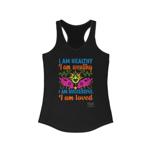 Front of black I Am Affirmations tank top with spiritual statement design