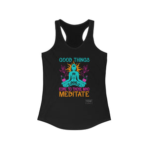 Front of black Meditation tank top with minimalist spiritual design