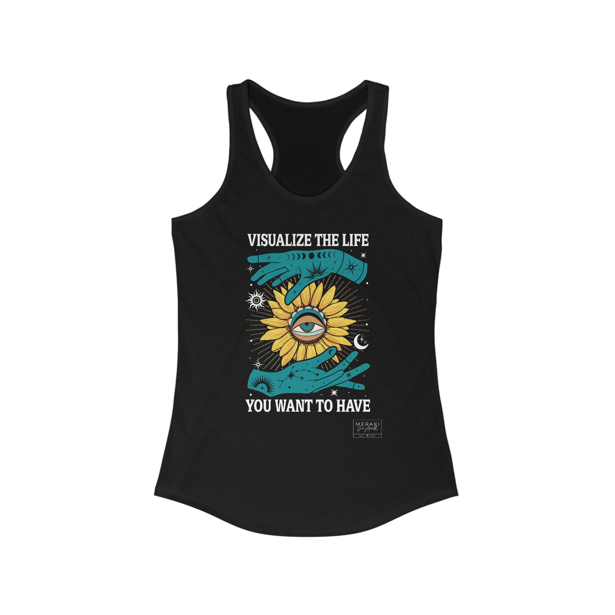 Front of black Visualize The Life tank top with bold script affirmation