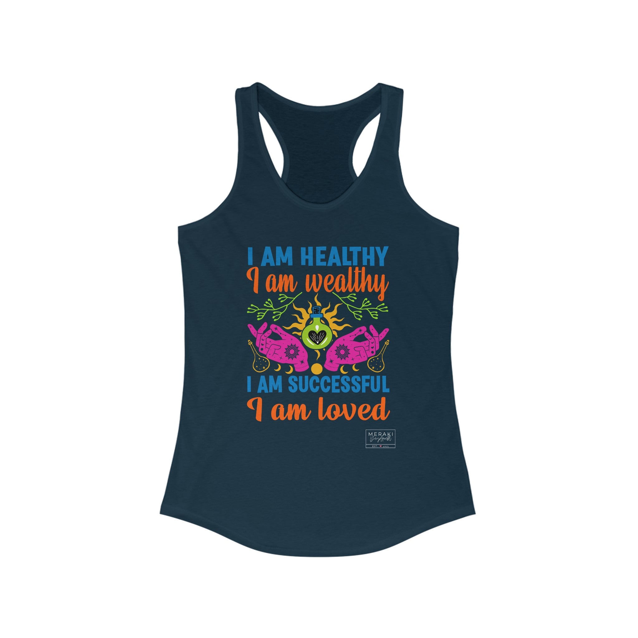 Front of navy I Am Affirmations tank top with bold minimalist script