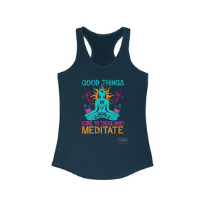 Front of navy Meditation tank top with calm energy graphic