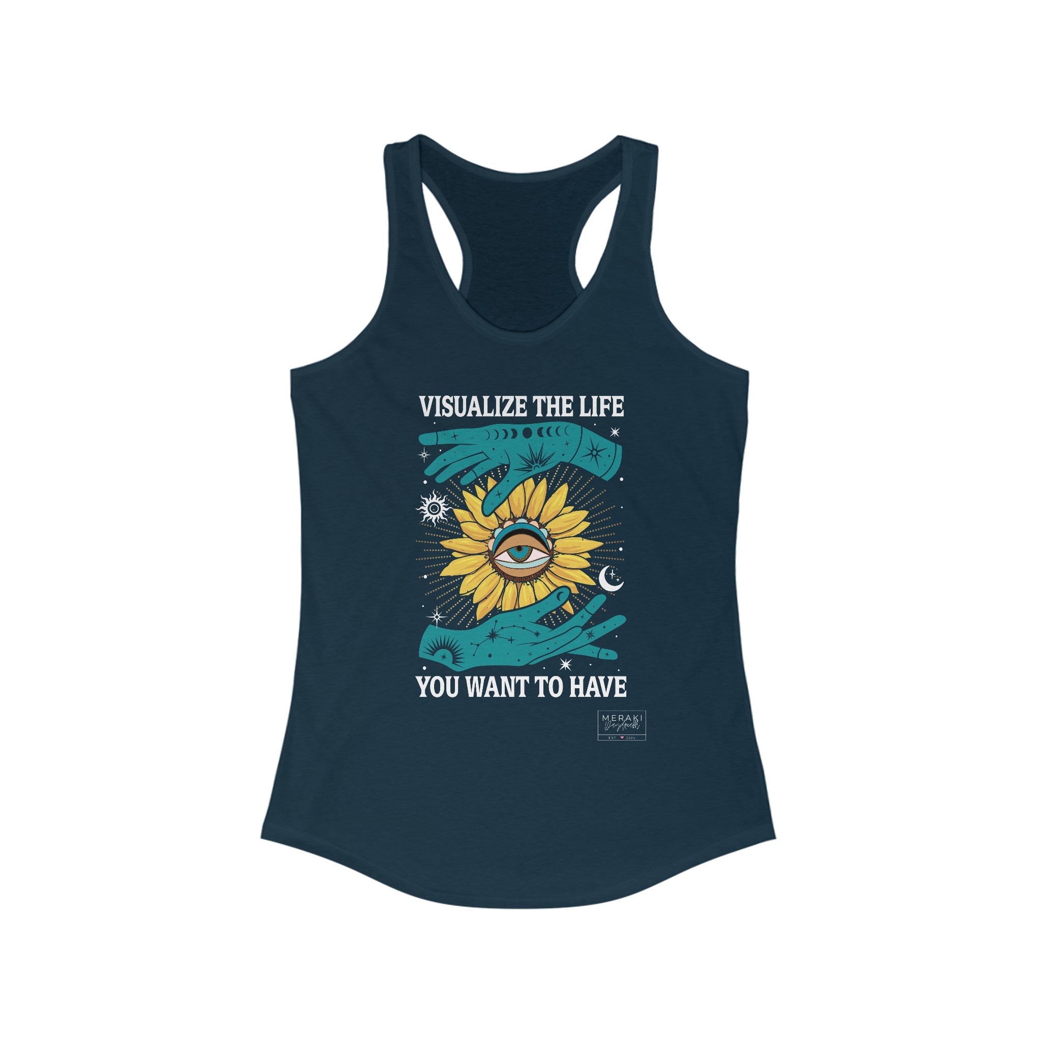Front of navy Visualize The Life tank top with clear vision design