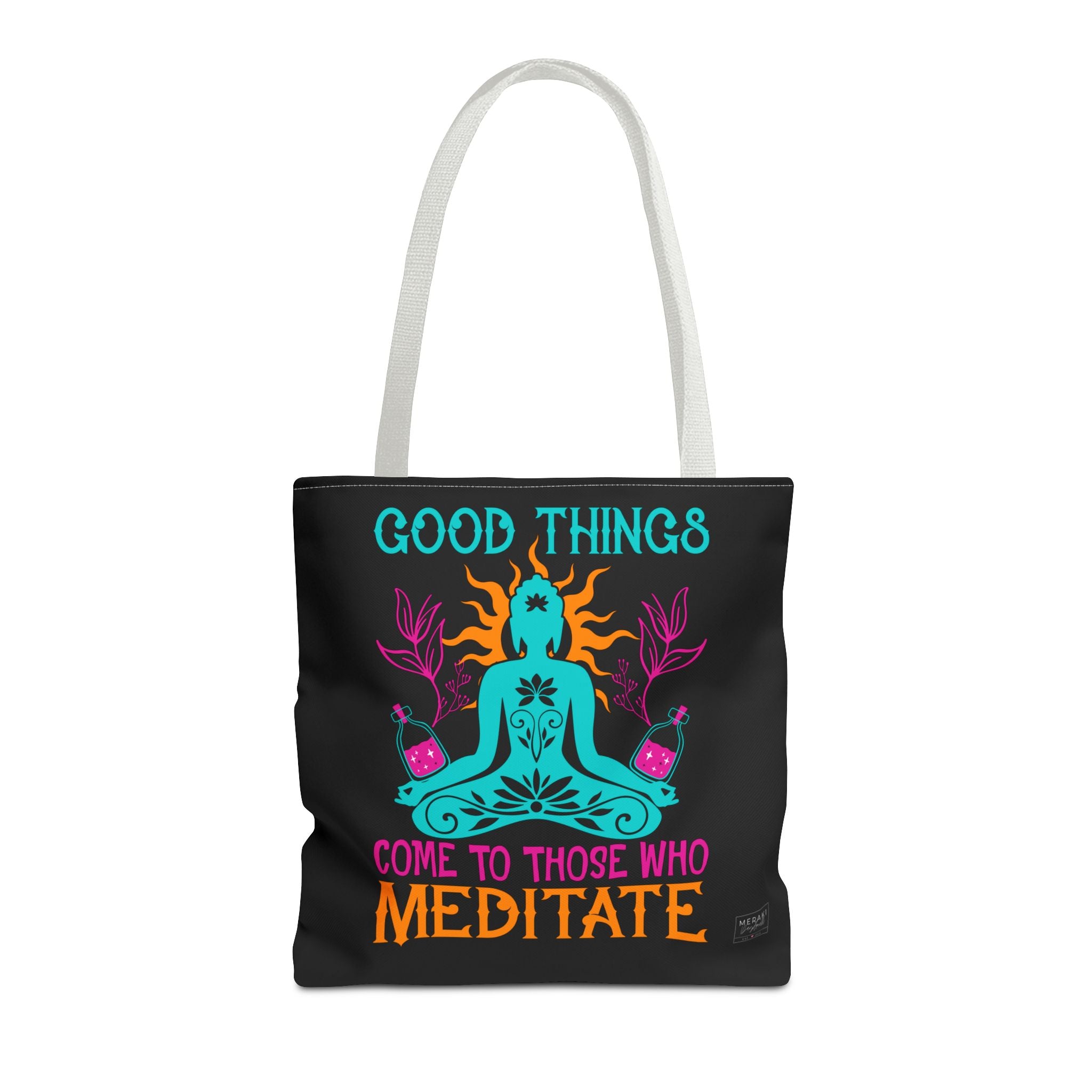 Front of white handle Meditation tote with spacious energy message