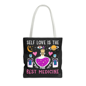 Front of white handle Self Love Medicine tote bag with clean self-care message