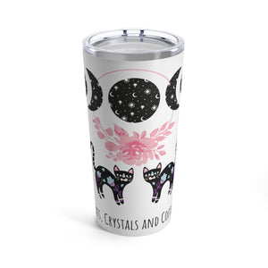 Front view of Cats, Crystals, Coffee tumbler with cozy witchy design
