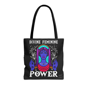 Front view of Divine Feminine Power tote bag with black handles and boxed corners