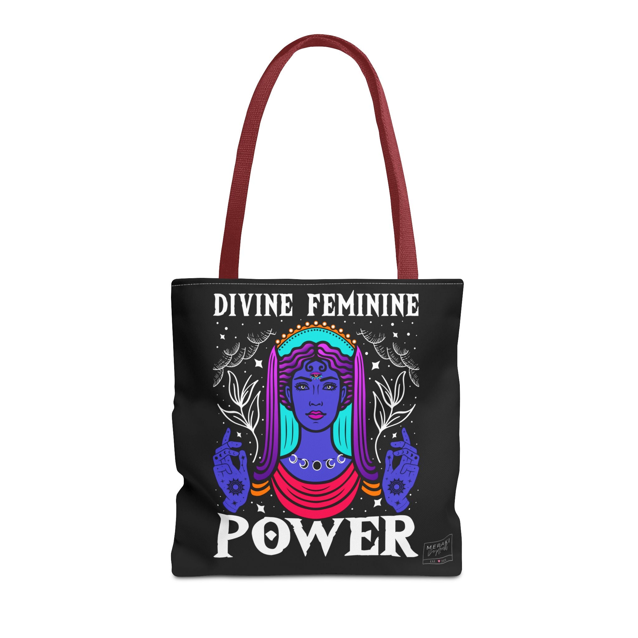 Front view of Divine Feminine Power tote bag with red handles and spiritual design